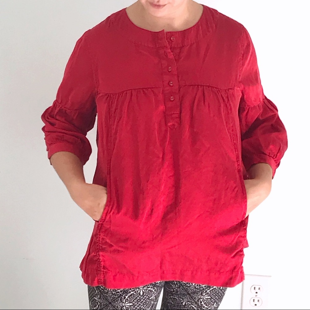 Silk Blend Tunic with Pockets and Lantern Sleeves